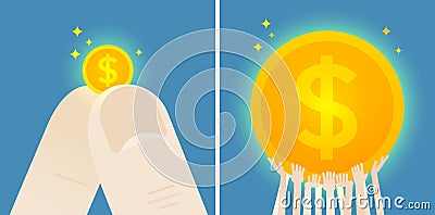 Fingers hold a dollar small coin and crowd is holding a dollar huge coin. Concept illustration. Vector Illustration